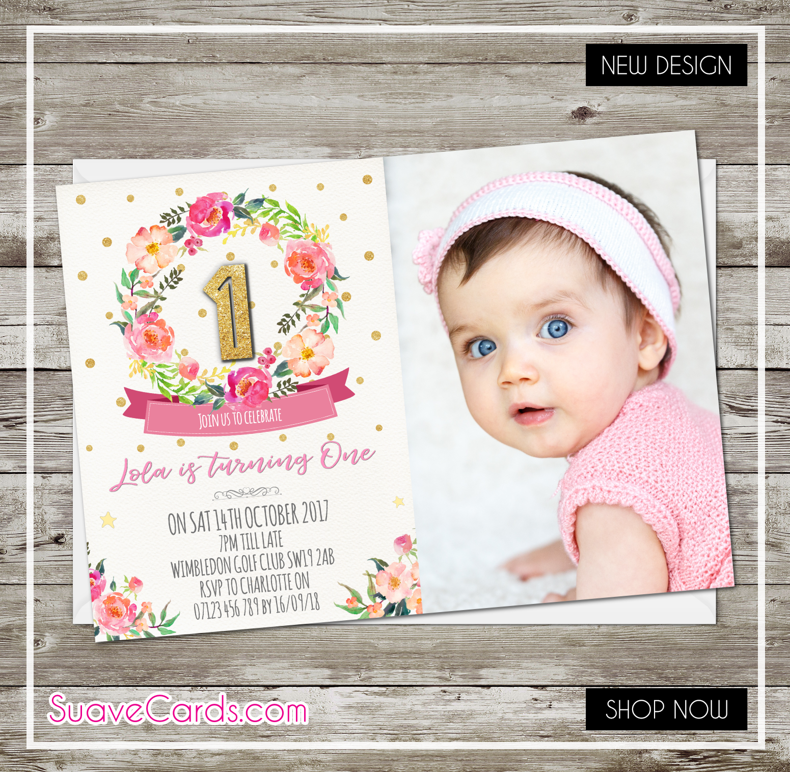 1st Birthday Invitation Floral Boho Style with a Photo